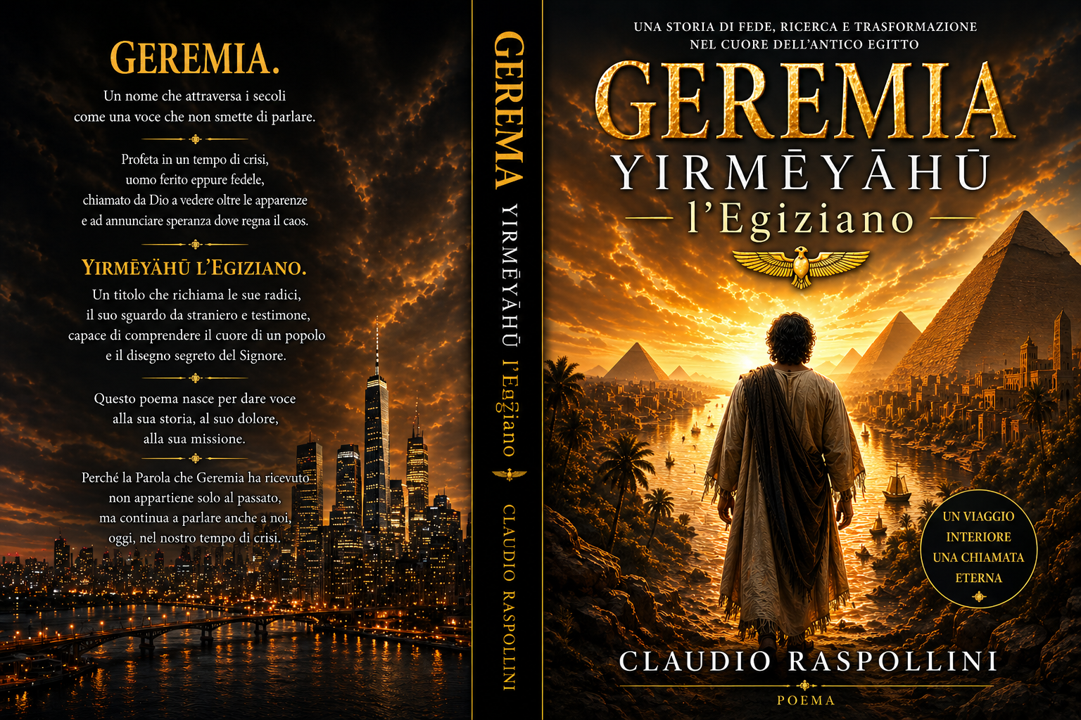 Copertina del poema Geremia – Yirmēyāhū l’Egiziano: Geremia davanti alle piramidi al tramonto